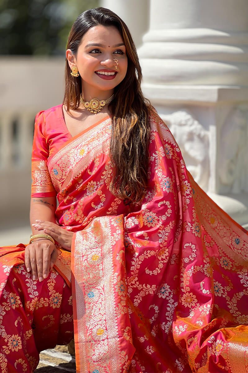 Bucolic Red Soft Banarasi Silk Saree With Conflate Blouse Piece