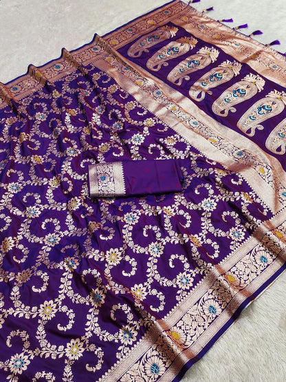 Evocative Royal Purple Soft Banarasi Silk Saree With Moiety Blouse Piece
