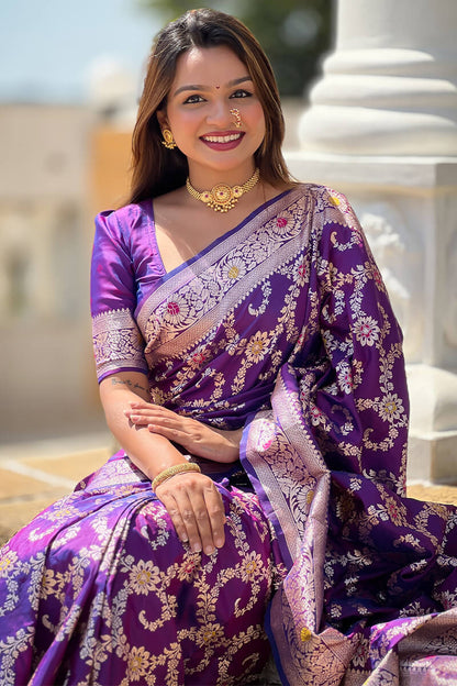 Evocative Royal Purple Soft Banarasi Silk Saree With Moiety Blouse Piece