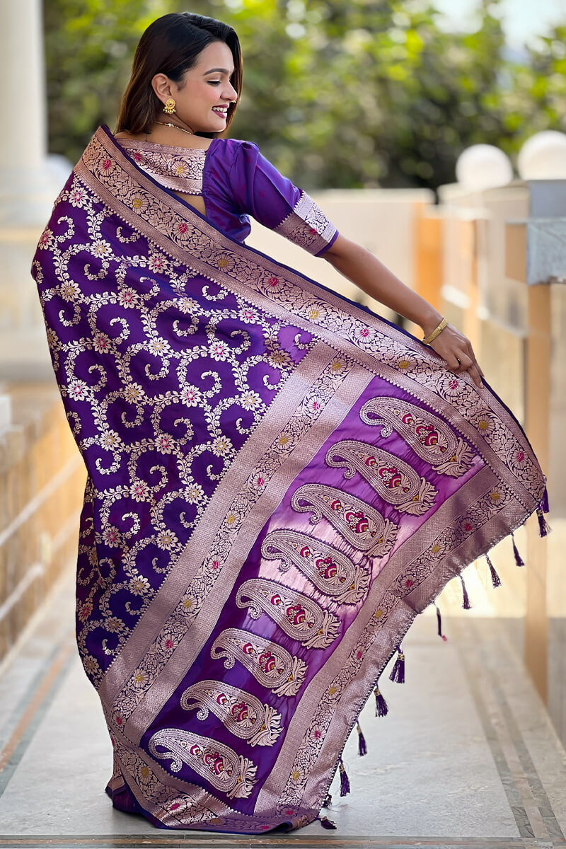 Evocative Royal Purple Soft Banarasi Silk Saree With Moiety Blouse Piece