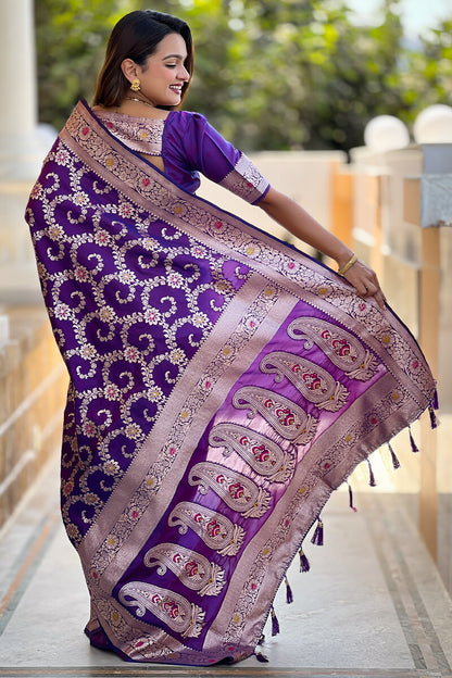 Evocative Royal Purple Soft Banarasi Silk Saree With Moiety Blouse Piece