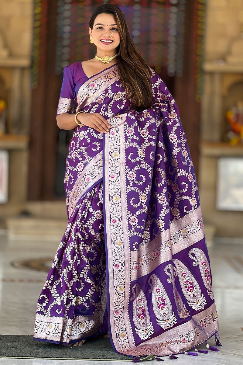 Evocative Royal Purple Soft Banarasi Silk Saree With Moiety Blouse Piece