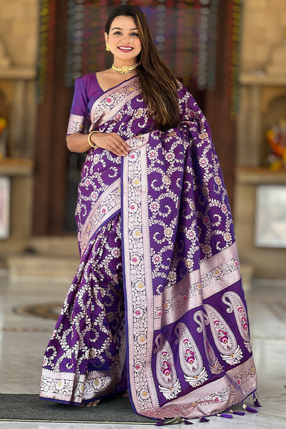 Evocative Royal Purple Soft Banarasi Silk Saree With Moiety Blouse Piece
