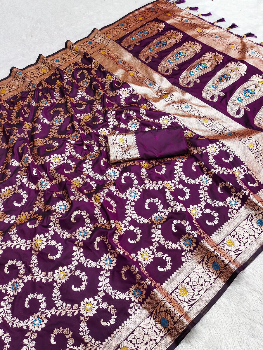 Surreptitious Wine Soft Banarasi Silk Saree With Engaging Blouse Piece