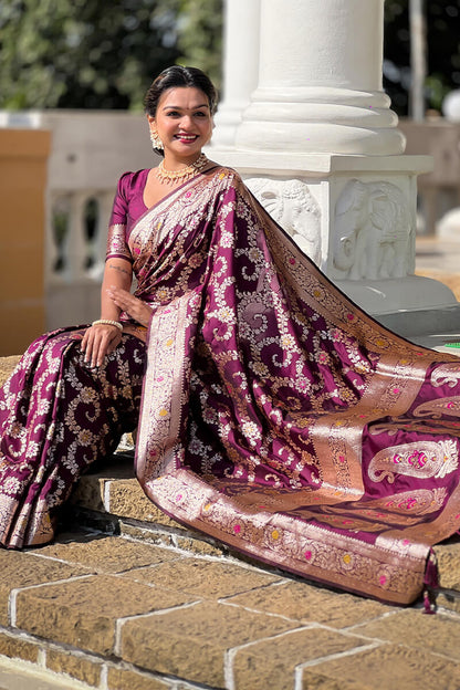 Surreptitious Wine Soft Banarasi Silk Saree With Engaging Blouse Piece
