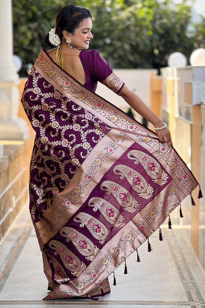 Surreptitious Wine Soft Banarasi Silk Saree With Engaging Blouse Piece