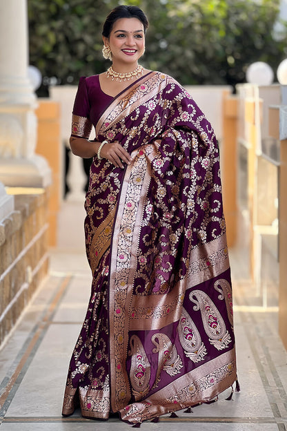 Surreptitious Wine Soft Banarasi Silk Saree With Engaging Blouse Piece