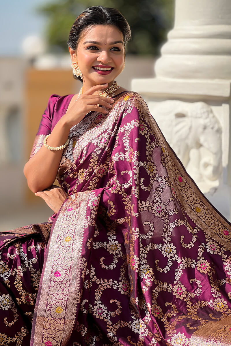 Surreptitious Wine Soft Banarasi Silk Saree With Engaging Blouse Piece