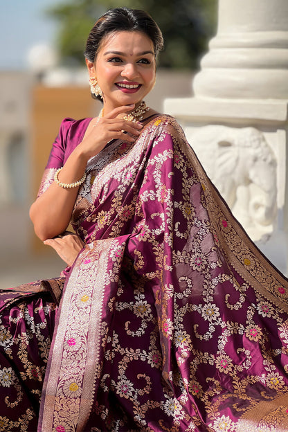 Surreptitious Wine Soft Banarasi Silk Saree With Engaging Blouse Piece