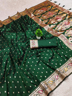Desultory Dark Green Soft Banarasi Silk Saree With Sumptuous Blouse Piece