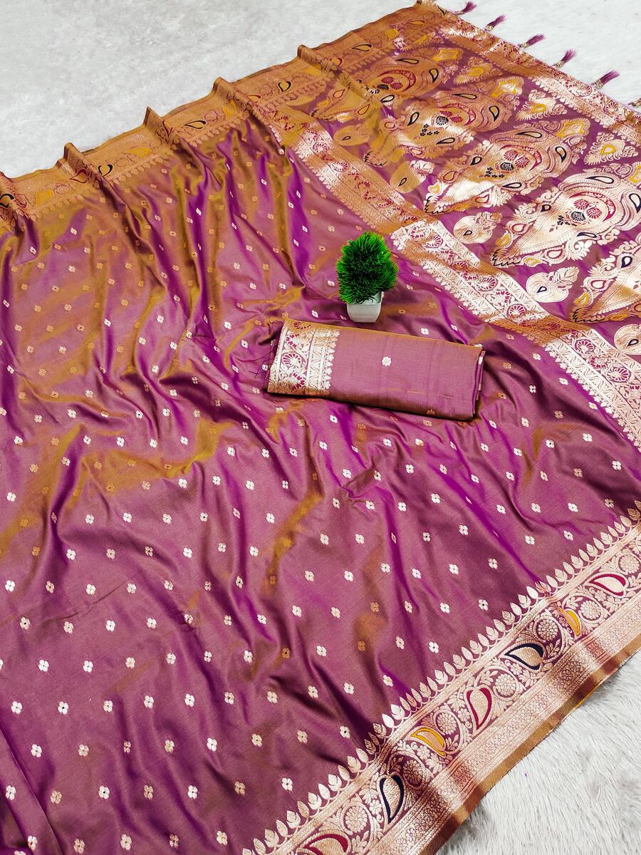 Entrancing Lavender Soft Banarasi Silk Saree With Nebula Blouse Piece