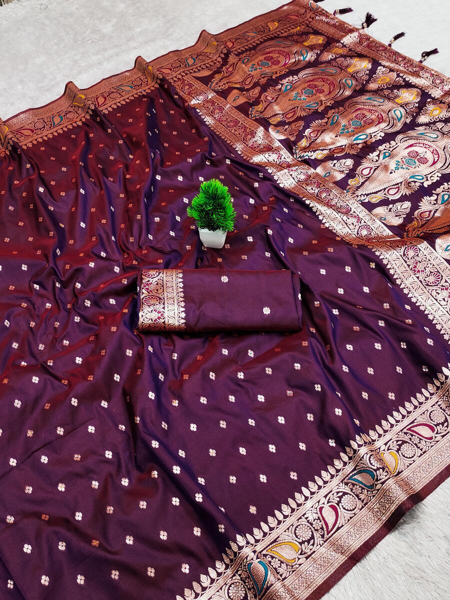 Lagniappe Purple Soft Banarasi Silk Saree With Eclat Blouse Piece