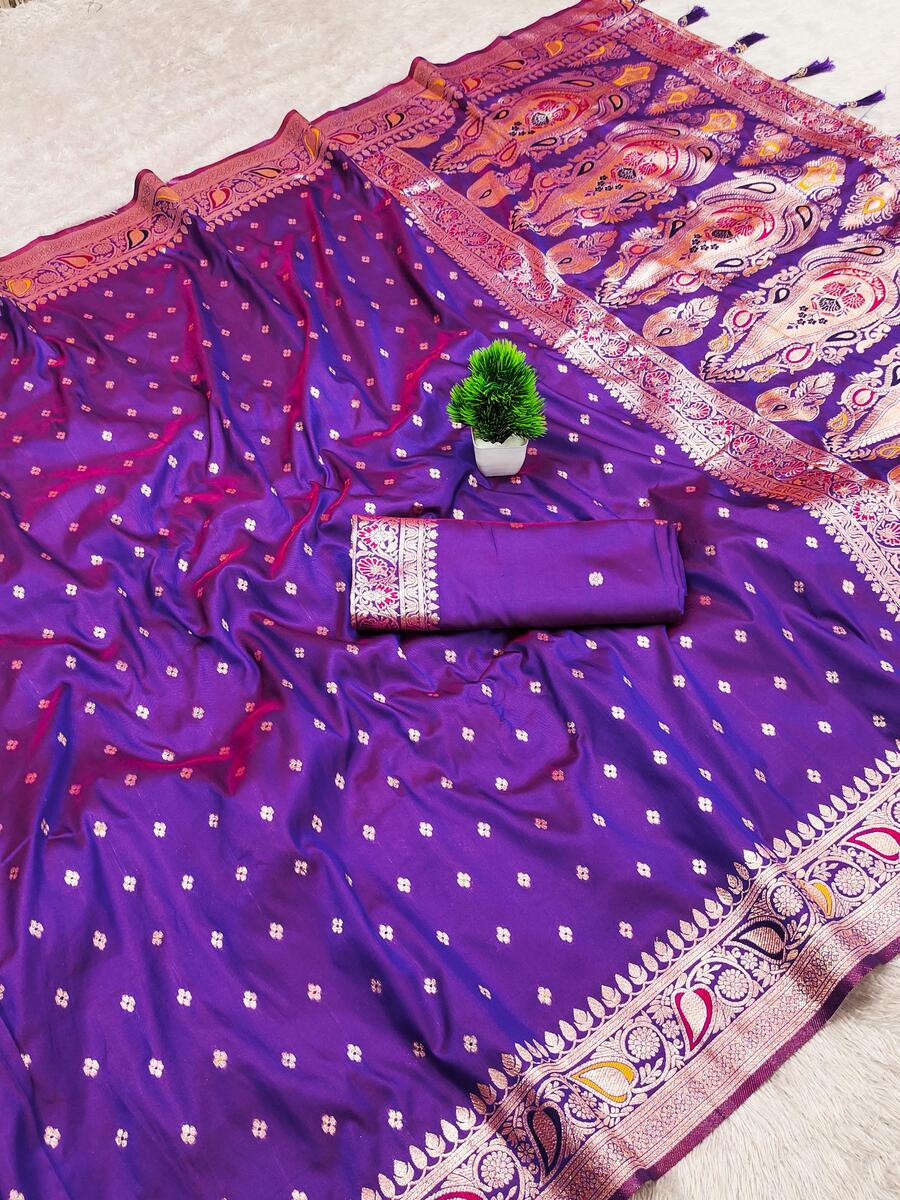 Classic Royal Purple Soft Banarasi Silk Saree With Quintessential Blouse Piece