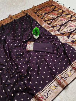Blooming Wine Soft Banarasi Silk Saree With Most Stunning Blouse Piece