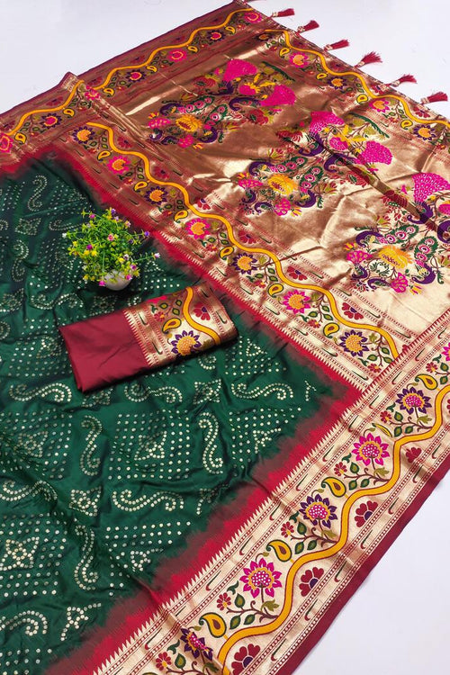 Load image into Gallery viewer, Desultory Dark Green Paithani Silk Saree With Elision Blouse Piece
