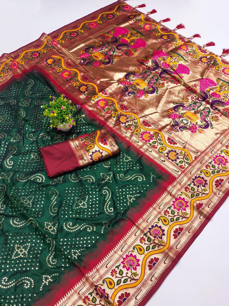 Desultory Dark Green Paithani Silk Saree With Elision Blouse Piece