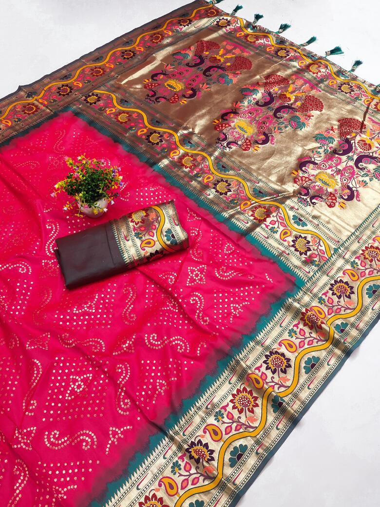 Gossamer Dark Pink Paithani Silk Saree With Lagniappe Blouse Piece