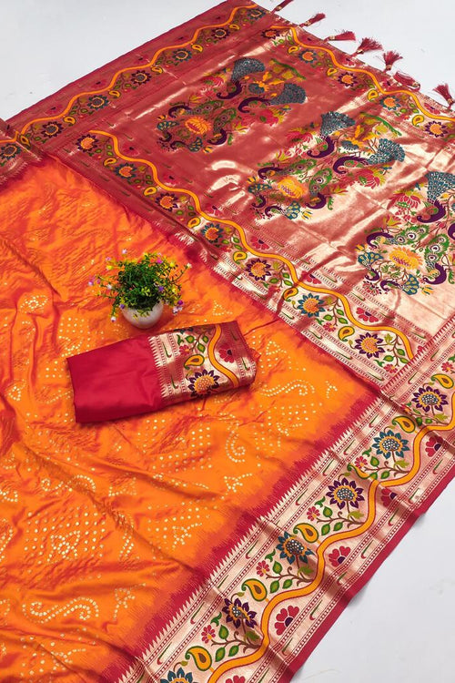 Load image into Gallery viewer, Smashing Orange Paithani Silk Saree With Incredible Blouse Piece
