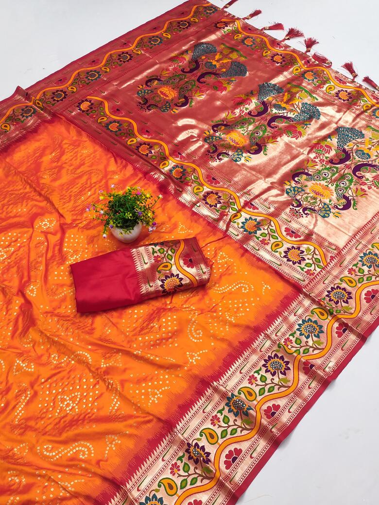 Smashing Orange Paithani Silk Saree With Incredible Blouse Piece