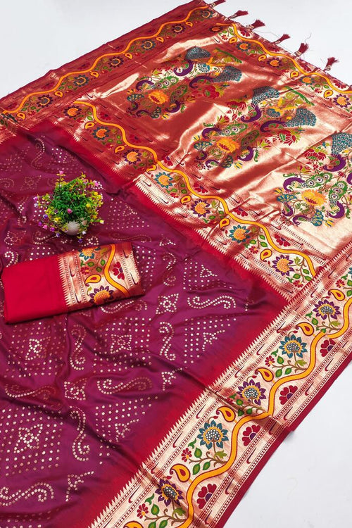 Load image into Gallery viewer, Ineffable Wine Paithani Silk Saree With Tantalizing Blouse Piece
