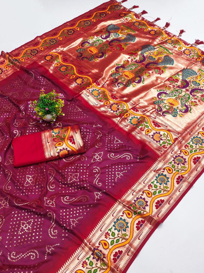 Ineffable Wine Paithani Silk Saree With Tantalizing Blouse Piece