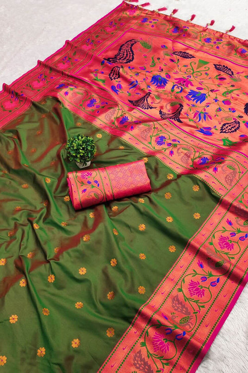 Load image into Gallery viewer, Gorgeous Mehndi Paithani Silk Saree With Stylish Blouse Piece
