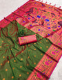 Gorgeous Mehndi Paithani Silk Saree With Stylish Blouse Piece