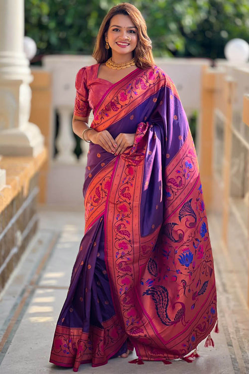 Load image into Gallery viewer, Adorable Purple Paithani Silk Saree With Ravishing Blouse Piece
