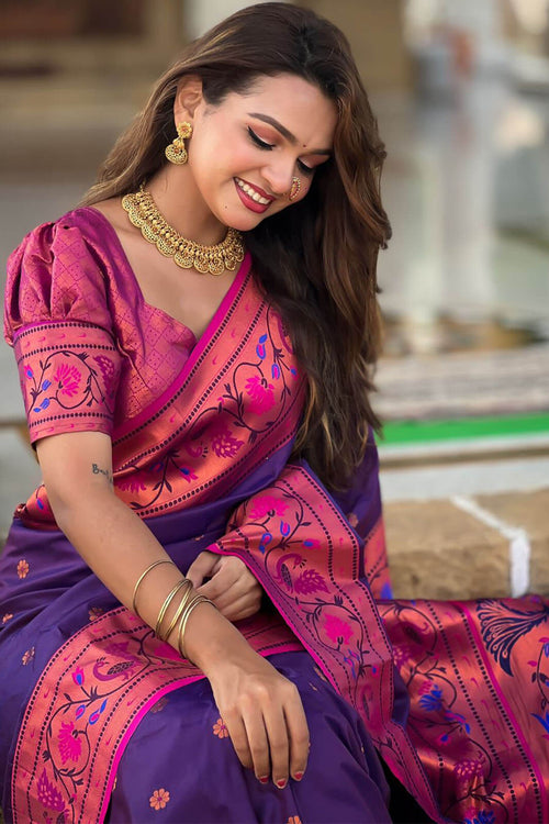 Load image into Gallery viewer, Adorable Purple Paithani Silk Saree With Ravishing Blouse Piece
