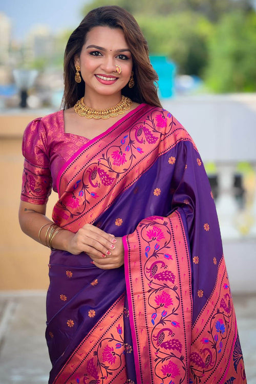 Load image into Gallery viewer, Adorable Purple Paithani Silk Saree With Ravishing Blouse Piece
