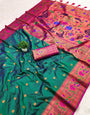 Delightful Rama Paithani Silk Saree With Twirling Blouse Piece