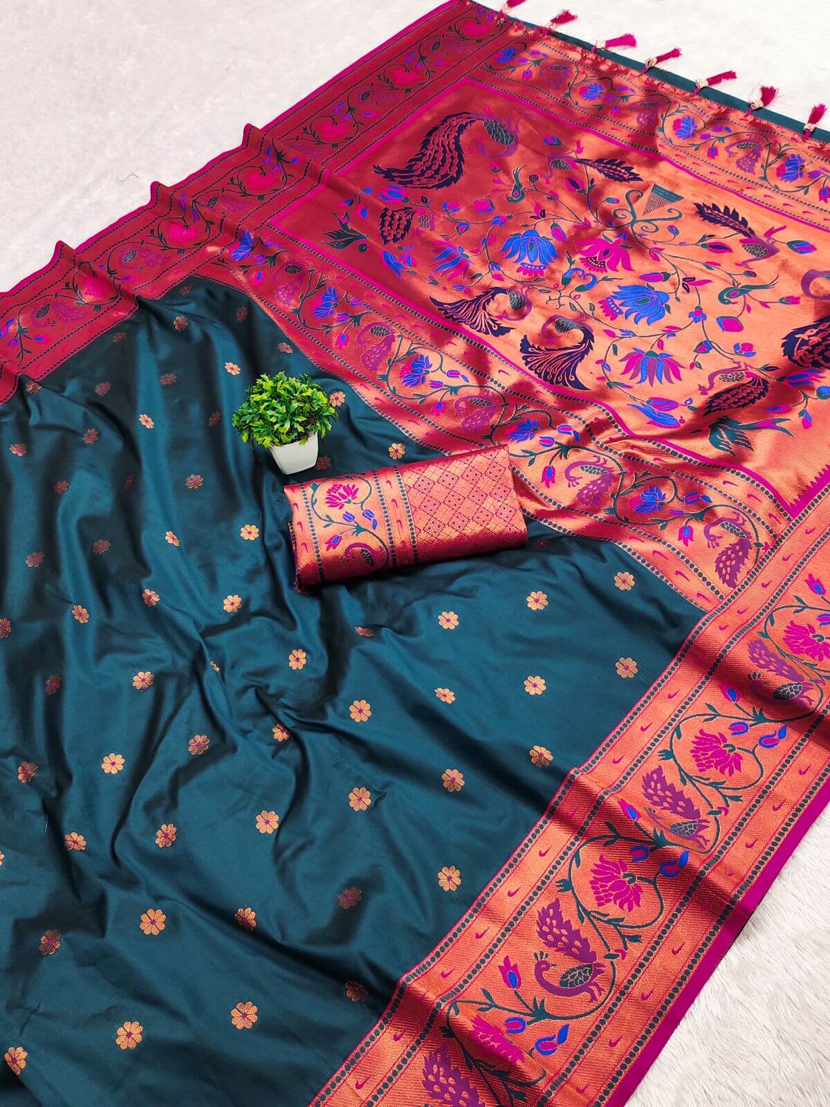 Classic Teal Blue Paithani Silk Saree With Traditional Blouse Piece