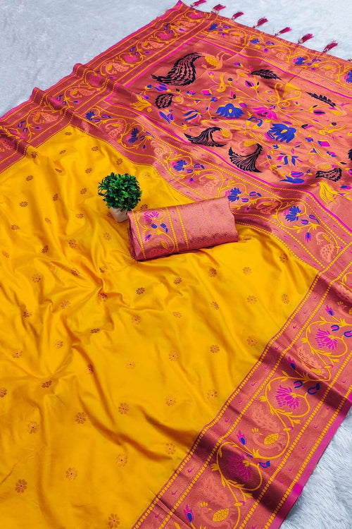 Load image into Gallery viewer, Brood Yellow Paithani Silk Saree With Demure Blouse Piece
