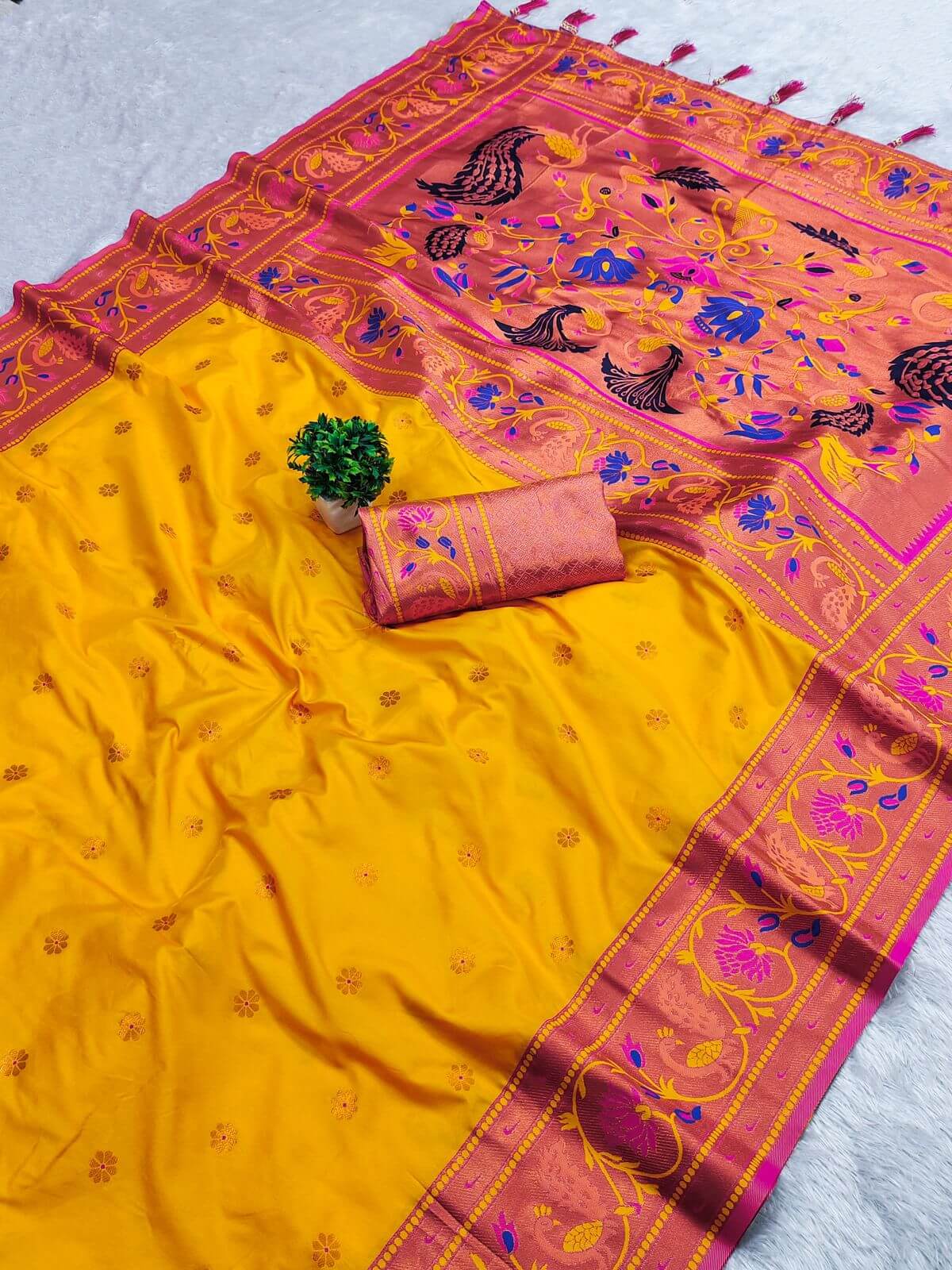 Brood Yellow Paithani Silk Saree With Demure Blouse Piece