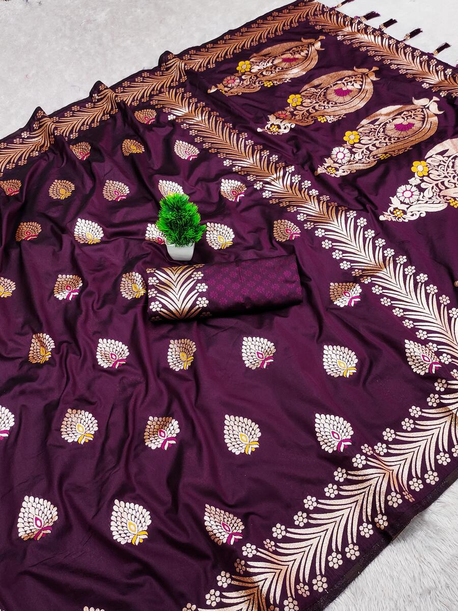 Vivacious Wine Soft Banarasi Silk Saree With Flameboyant Blouse Piece