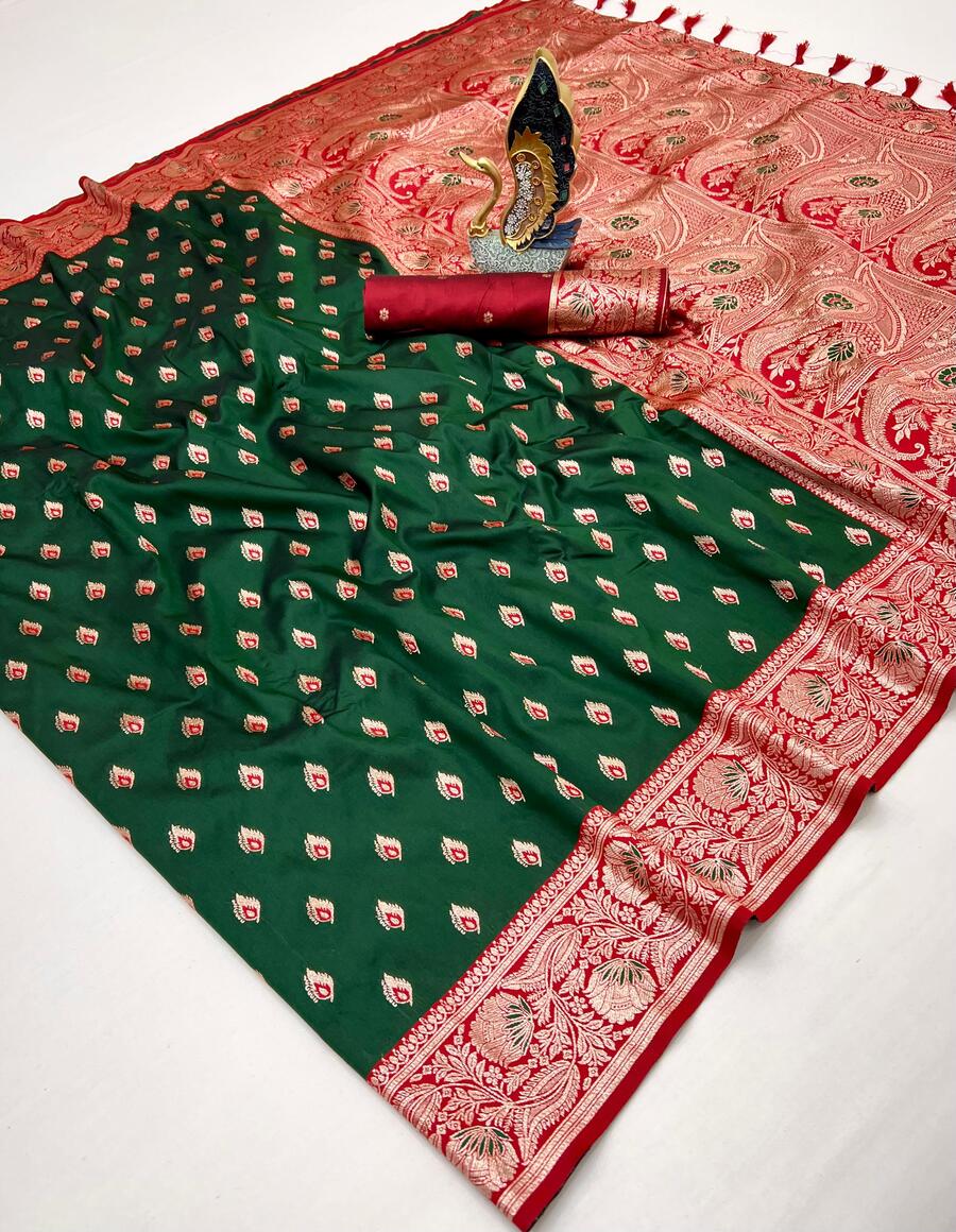 Opulent Dark Green Soft Banarasi Silk Saree With Prettiest Blouse Piece