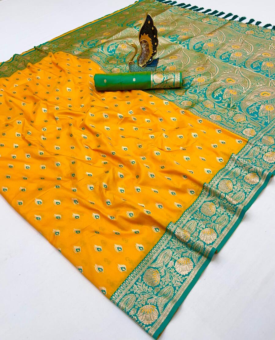 Ephemeral Yellow Soft Banarasi Silk Saree With Sizzling Blouse Piece