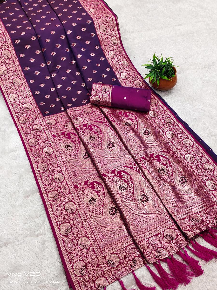 Exquisite Wine Soft Banarasi Silk Saree With Magnificat Blouse Piece