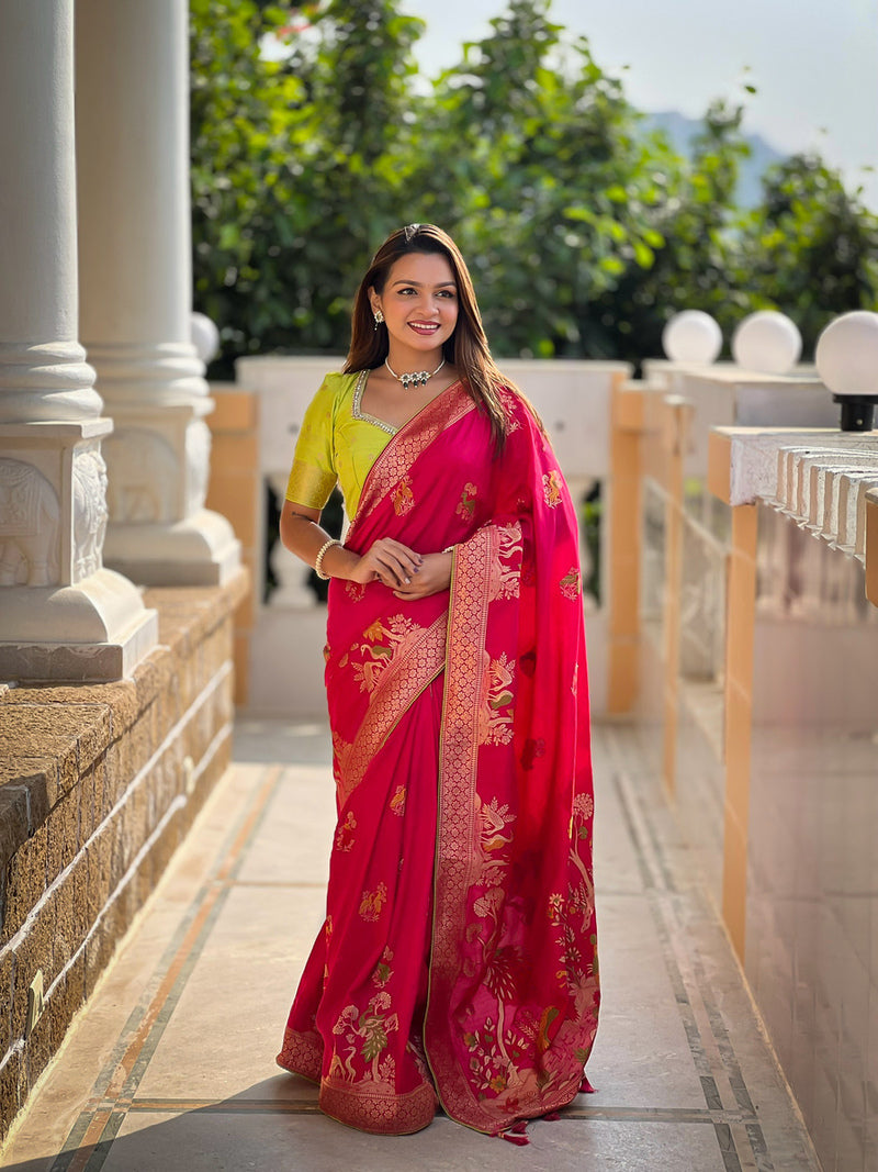 Radiant Dark Pink Soft Banarasi Silk Saree With Beautiful Blouse Piece