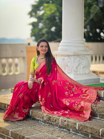 Radiant Dark Pink Soft Banarasi Silk Saree With Beautiful Blouse Piece