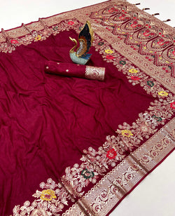 Engrossing Maroon Soft Banarasi Silk Saree With Rhapsody Blouse Piece