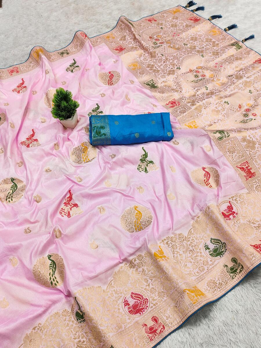 Glowing Baby Pink Viscose Dola Silk Saree With Ravishing Blouse Piece
