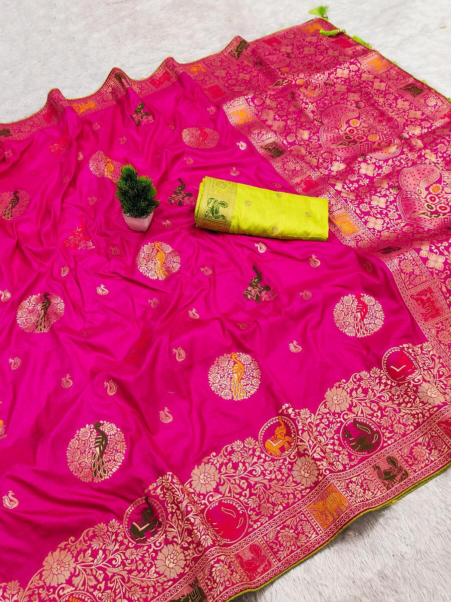 Excellent Dark Pink Viscose Dola Silk Saree With Exceptional Blouse Piece