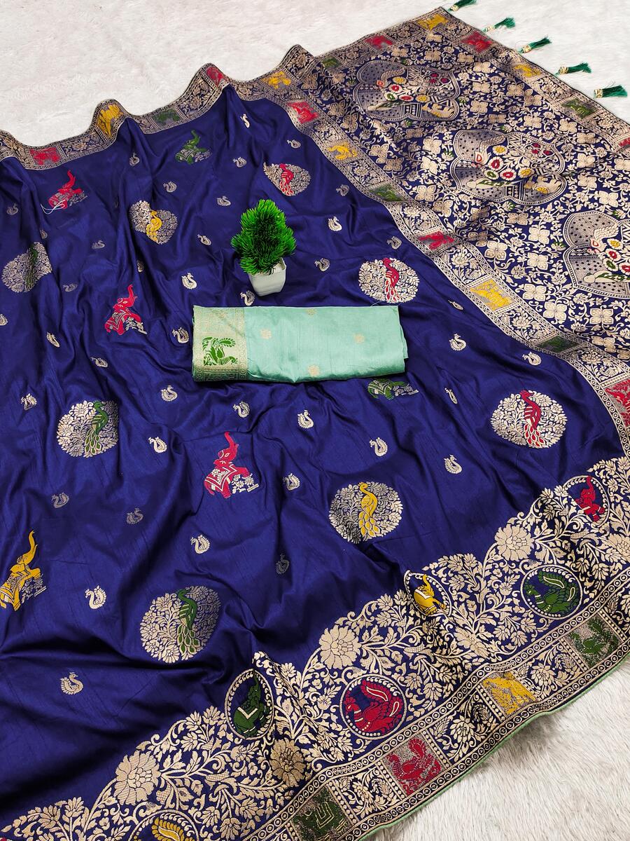 Flameboyant Navy Blue Viscose Dola Silk Saree With Enticing Blouse Piece