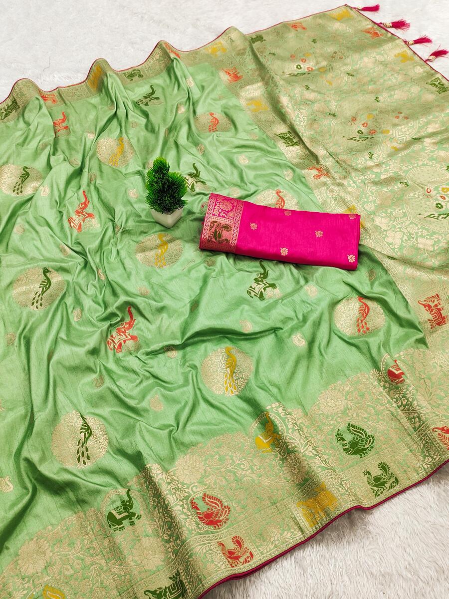 Winsome Pista Viscose Dola Silk Saree With Exquisite Blouse Piece