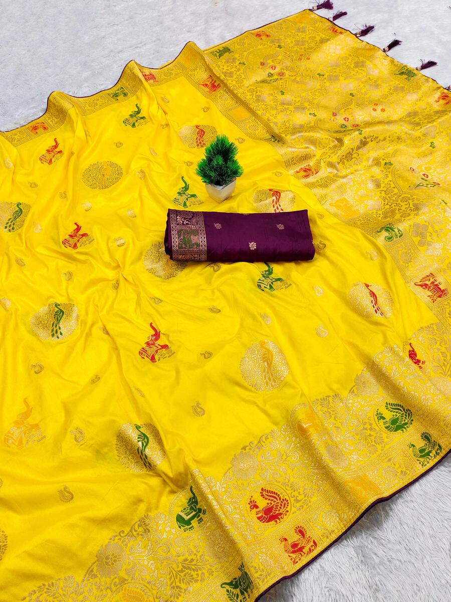 Captivating Yellow Viscose Dola Silk Saree With Demanding Blouse Piece