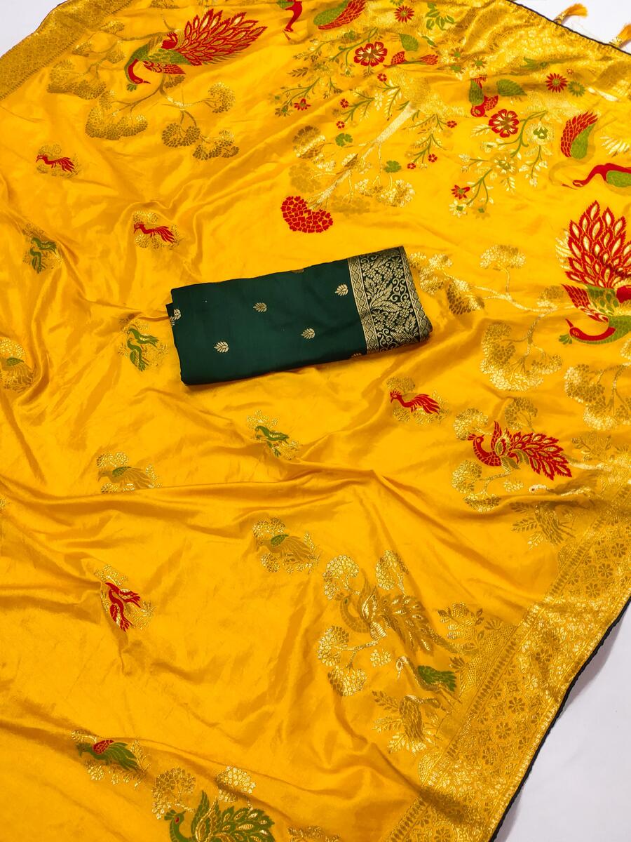Eye-catching Yellow Viscose Dola Silk Saree With Enticing Blouse Piece