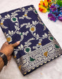 Outstanding Navy Blue Soft Banarasi Silk Saree With Gorgeous Blouse Piece