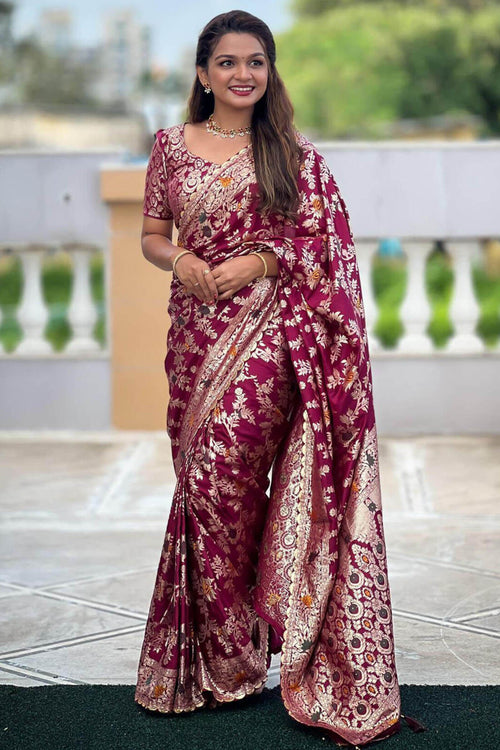 Load image into Gallery viewer, Alluring Wine Soft Banarasi Silk Saree With Gratifying Blouse Piece
