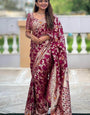 Alluring Wine Soft Banarasi Silk Saree With Gratifying Blouse Piece